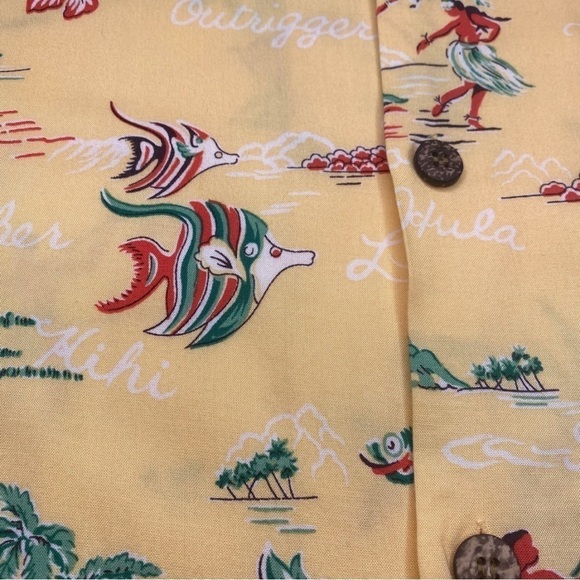 Vintage Joe Kealoha Yellow Hawaiian Shirt Tropical Fish Hula Spellout Sz XL - Picture 6 of 9
